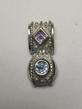 Balinese Filigree Style 925 Silver Slide Pendant Amethyst Blue Topaz 1" Inch